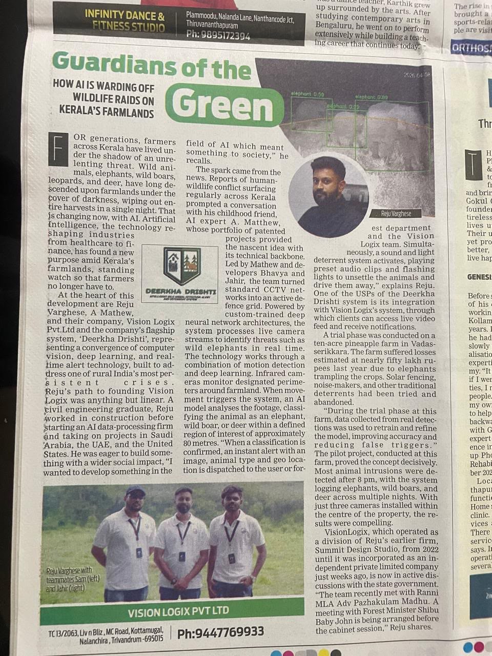 Newspaper feature headlined Guardians of the Green, on how AI is warding off wildlife raids on Kerala's farmlands.